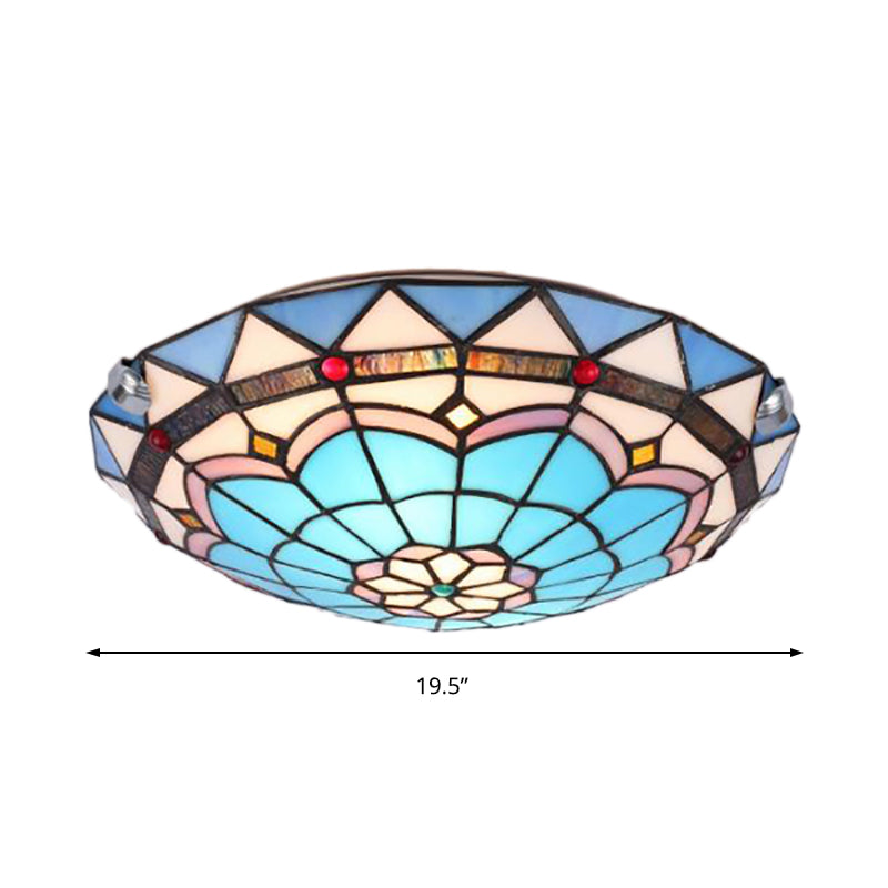 Baroque Bowl Flush Mount Stained Glass Ceiling Light in Blue/Blue-Brown - 12"/16"/19.5" Wide