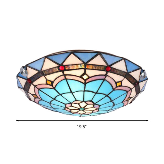 Baroque Bowl Flush Mount Stained Glass Ceiling Light in Blue/Blue-Brown - 12"/16"/19.5" Wide