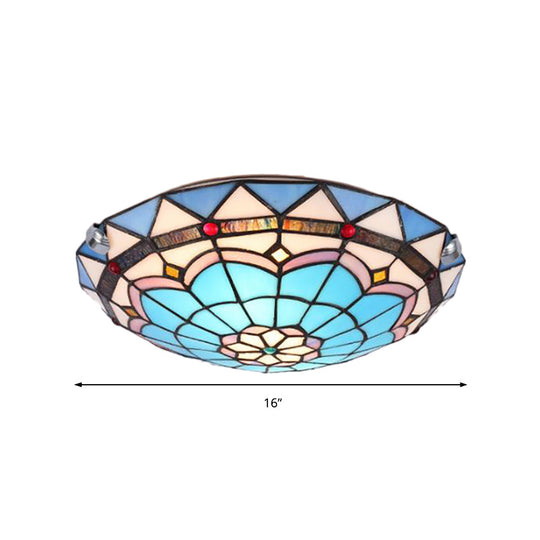 Baroque Bowl Flush Mount Stained Glass Ceiling Light in Blue/Blue-Brown - 12"/16"/19.5" Wide