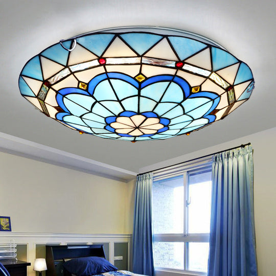 Baroque Bowl Flush Mount Stained Glass Ceiling Light in Blue/Blue-Brown - 12"/16"/19.5" Wide