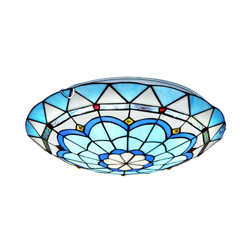 Baroque Bowl Flush Mount Stained Glass Ceiling Light in Blue/Blue-Brown - 12"/16"/19.5" Wide