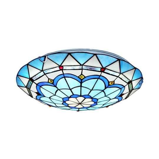 Baroque Bowl Flush Mount Stained Glass Ceiling Light in Blue/Blue-Brown - 12"/16"/19.5" Wide