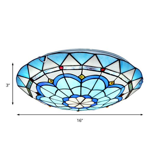 Baroque Bowl Flush Mount Stained Glass Ceiling Light in Blue/Blue-Brown - 12"/16"/19.5" Wide