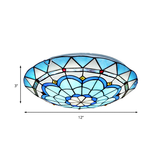 Baroque Bowl Flush Mount Stained Glass Ceiling Light in Blue/Blue-Brown - 12"/16"/19.5" Wide