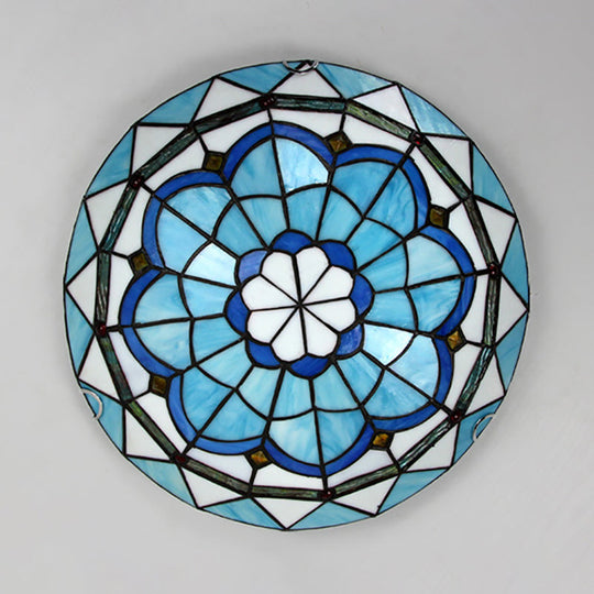 Baroque Bowl Flush Mount Stained Glass Ceiling Light in Blue/Blue-Brown - 12"/16"/19.5" Wide
