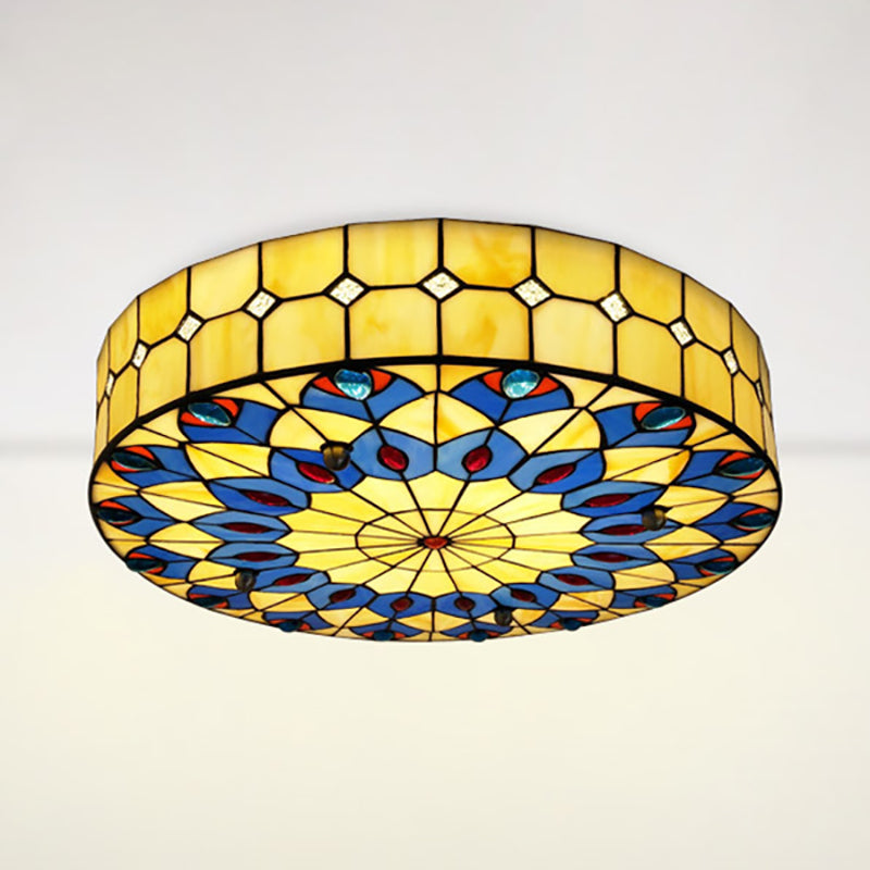 Tiffany Blue Peacock Design Flushmount Ceiling Light for Restaurants - 16"/18" Round Shade