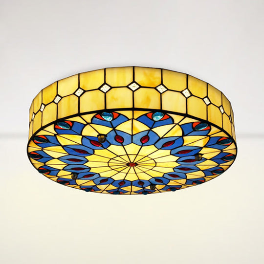 Tiffany Blue Peacock Design Flushmount Ceiling Light for Restaurants - 16"/18" Round Shade