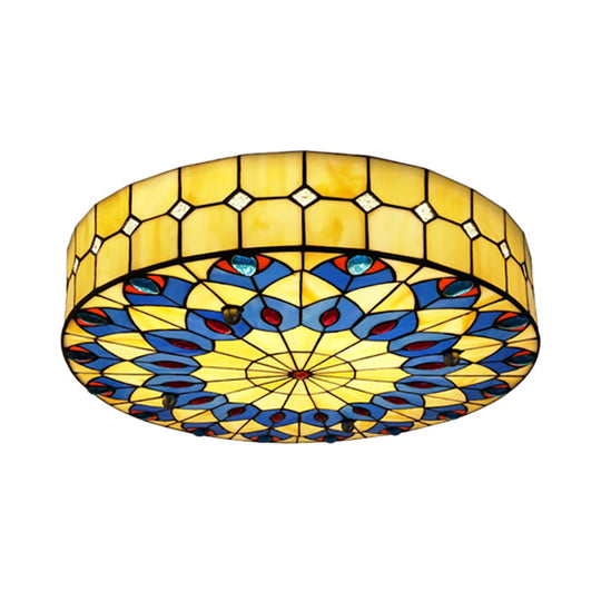 Tiffany Blue Peacock Design Flushmount Ceiling Light for Restaurants - 16"/18" Round Shade