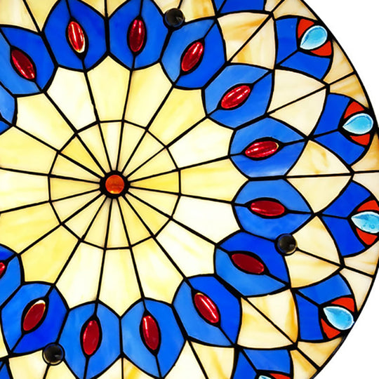 Tiffany Blue Peacock Design Flushmount Ceiling Light for Restaurants - 16"/18" Round Shade