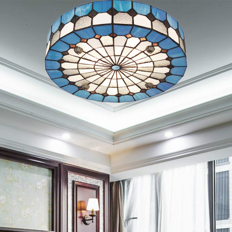 Tiffany Style Stained Glass Round Ceiling Light Fixture - Blue, 16"/23.5" - Flushmount with 3/4 Lights for Living Room