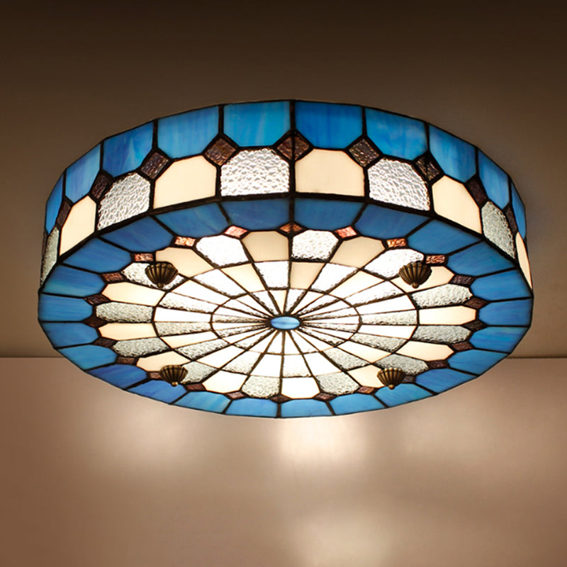 Tiffany Style Stained Glass Round Ceiling Light Fixture - Blue, 16"/23.5" - Flushmount with 3/4 Lights for Living Room