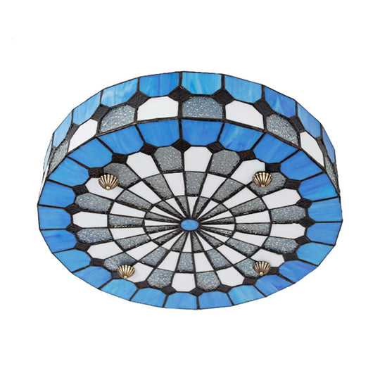 Tiffany Style Stained Glass Round Ceiling Light Fixture - Blue, 16"/23.5" - Flushmount with 3/4 Lights for Living Room