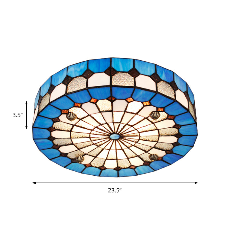 Tiffany Style Stained Glass Round Ceiling Light Fixture - Blue, 16"/23.5" - Flushmount with 3/4 Lights for Living Room