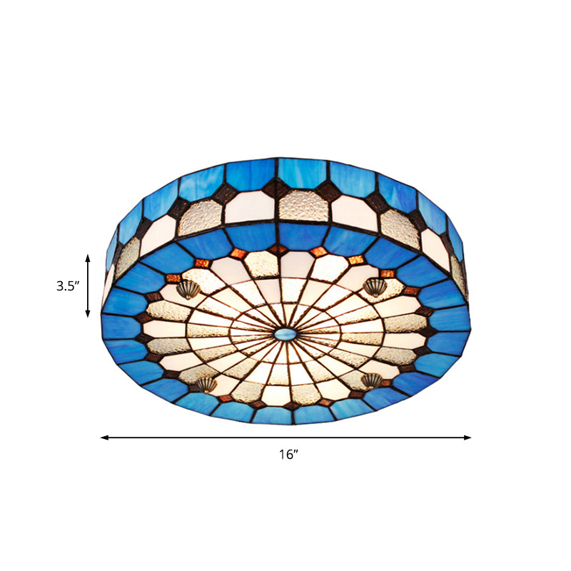 Tiffany Style Stained Glass Round Ceiling Light Fixture - Blue, 16"/23.5" - Flushmount with 3/4 Lights for Living Room