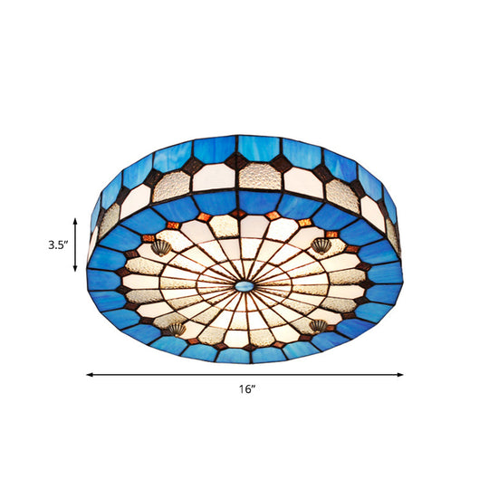 Tiffany Style Stained Glass Round Ceiling Light Fixture - Blue, 16"/23.5" - Flushmount with 3/4 Lights for Living Room