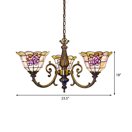 Retro Stained Glass Chandelier - Bell Shaped Hanging Lamp with 3 Flower Heads, Chain Included - Ideal for Bedroom Lighting