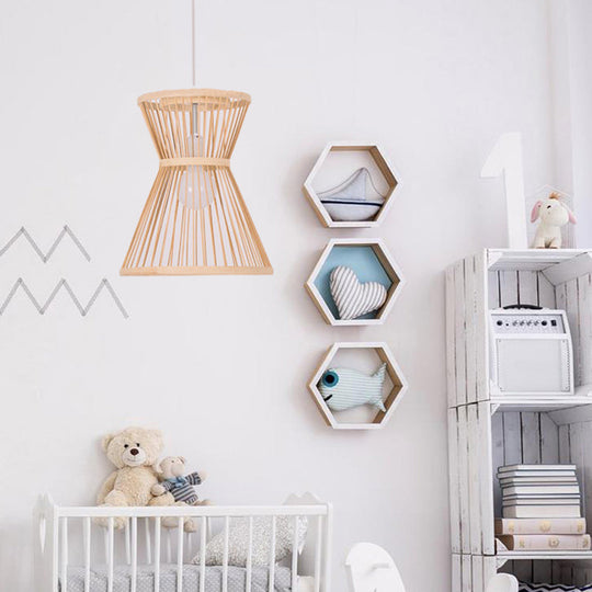 Asian Style Hourglass Pendant Lamp - Bamboo, 1 Bulb, Beige Suspension Light for Foyer