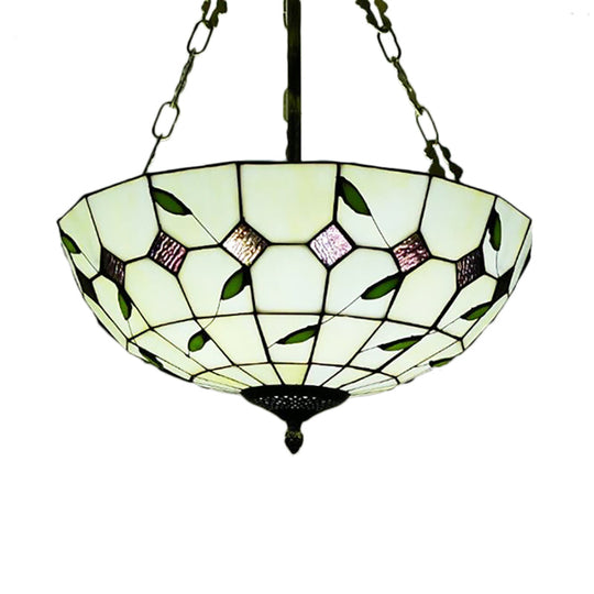 Retro Style Stained Glass Chandelier - 12"/16"/19.5" W Bowl Shade Ceiling Pendant with Leaf Pattern in Beige - Perfect for Dining Room