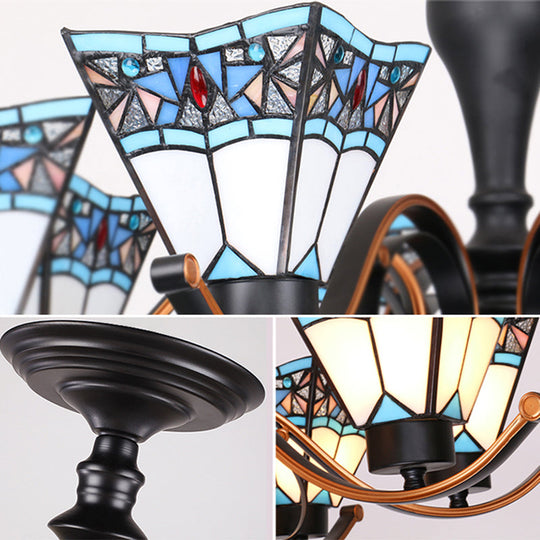 Tiffany Style Stained Glass Inverted Chandelier - Geometric Hanging Light With 6 Lights For Dining