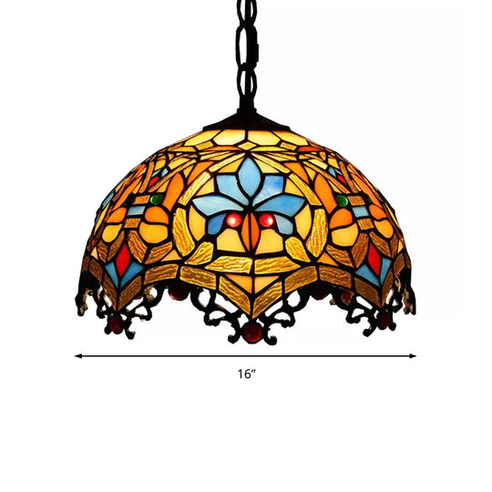 Victorian Stained Glass Domed Pendant Lamp With Black Chain For Staircase