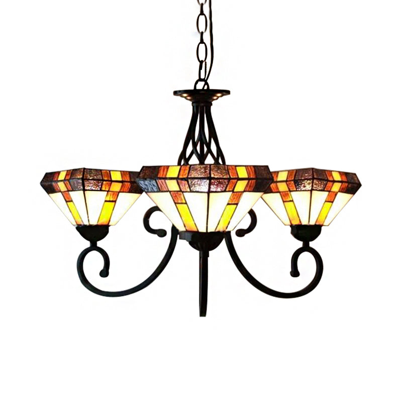Tiffany Stained Glass Pyramid Chandelier With 3 Heads For Living Room