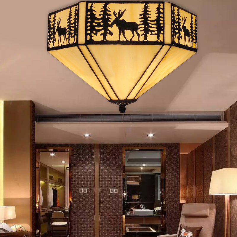 Retro Style Geometric Stained Glass Flush Mount Ceiling Light in White - Elegant 1/2 Light Flushmount