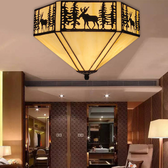 Retro Style Geometric Stained Glass Flush Mount Ceiling Light in White - Elegant 1/2 Light Flushmount