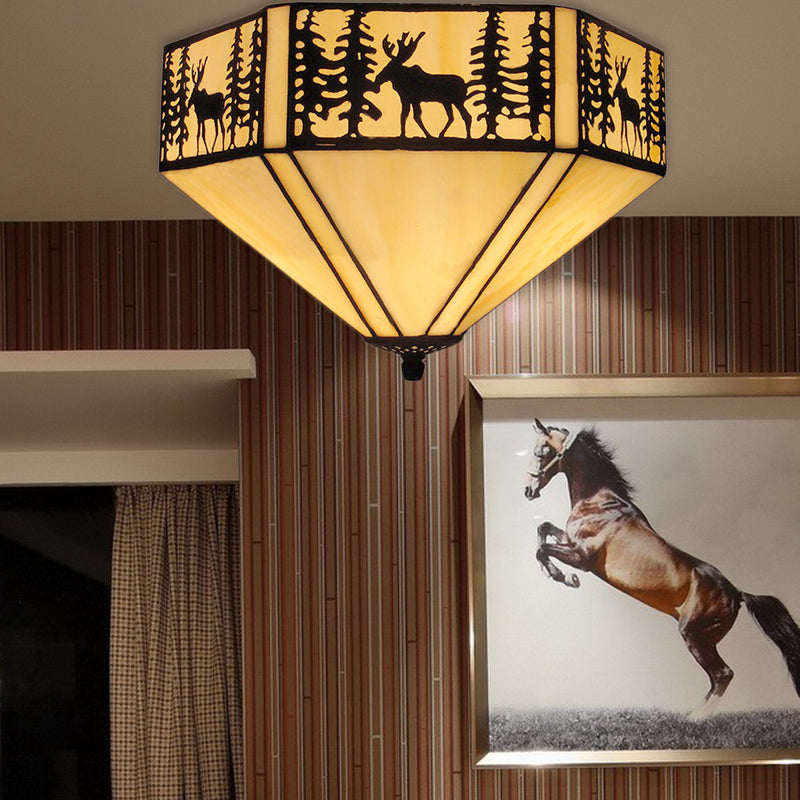 Retro Style Geometric Stained Glass Flush Mount Ceiling Light in White - Elegant 1/2 Light Flushmount