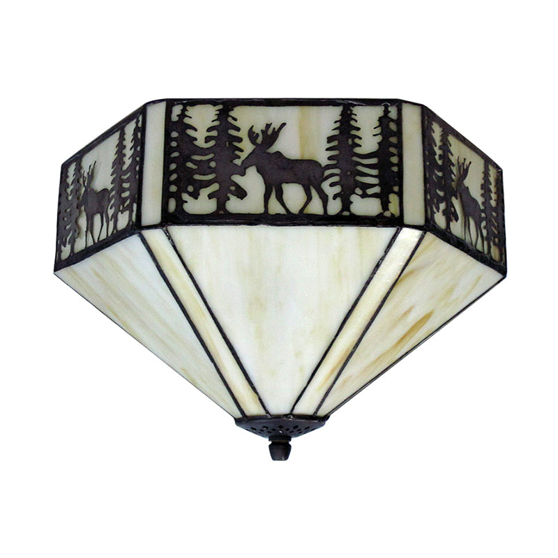 Retro Style Geometric Stained Glass Flush Mount Ceiling Light in White - Elegant 1/2 Light Flushmount