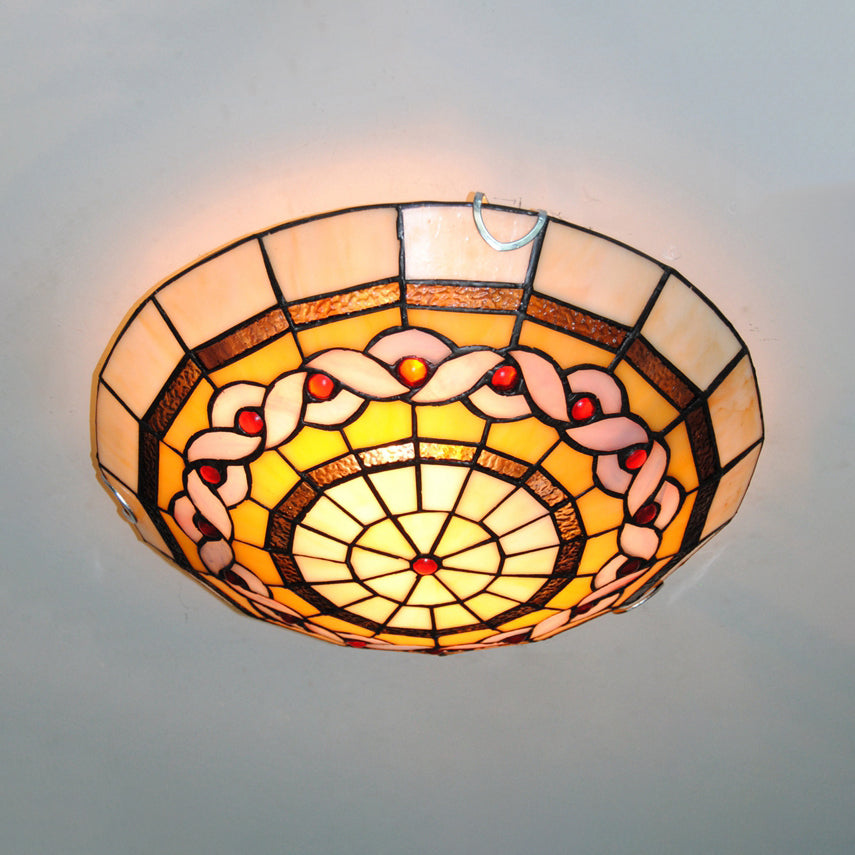 Baroque Stained Glass Flushmount Light: Blue/Yellow Bowl Ceiling Light for Living Room