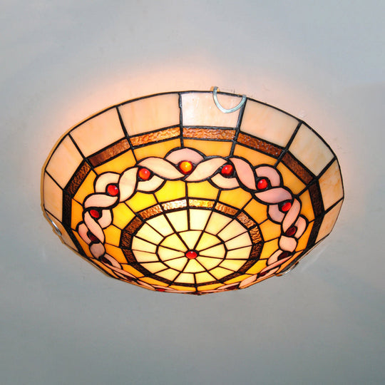 Baroque Stained Glass Flushmount Light: Blue/Yellow Bowl Ceiling Light for Living Room