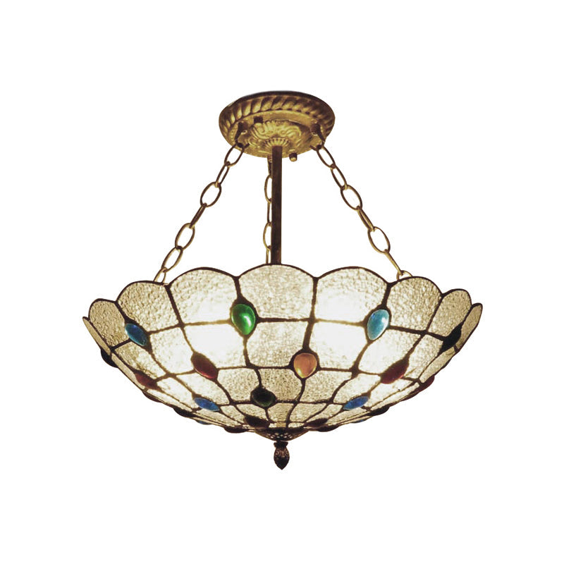Stained Glass Semi Flush Ceiling Light Fixture with Retro Jewel Pattern - Beige/Clear/Yellow Tones