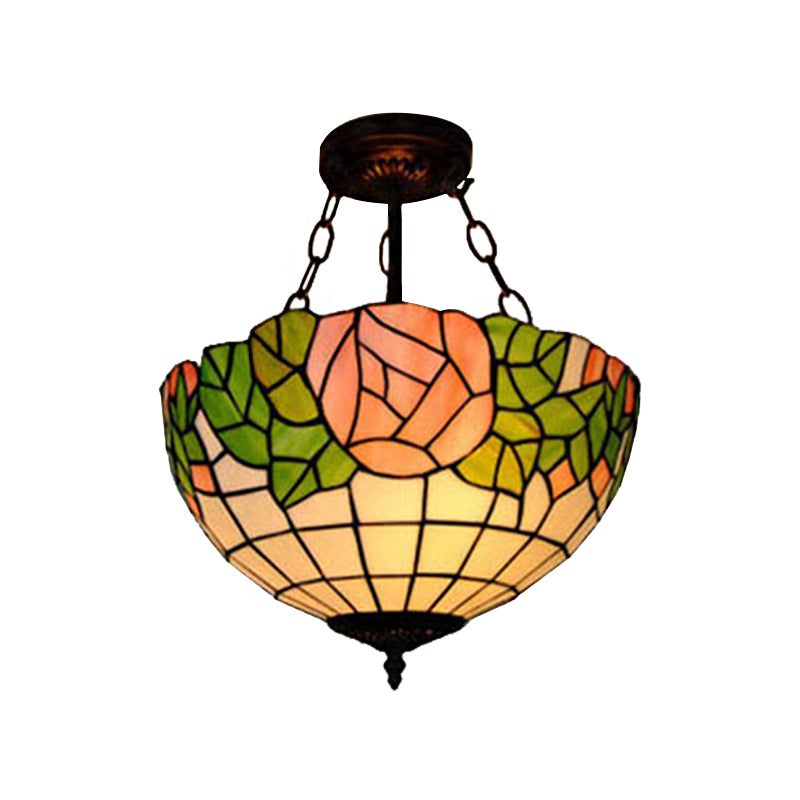 Tiffany Style Pink Glass Pendant Light - 2/3 Lights Bowl Suspended Fixture for Living Room, 12"/16" Width