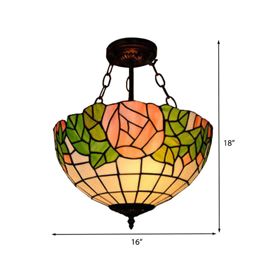 Tiffany Style Pink Glass Pendant Light - 2/3 Lights Bowl Suspended Fixture for Living Room, 12"/16" Width