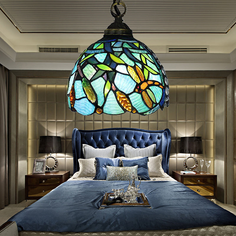 Aqua Hand Cut Glass Domed Hanging Lamp with Dragonfly Pattern - Mediterranean Pendant Light