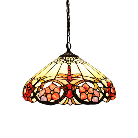 Baroque Beige Pendant Lighting with Stained Glass Shade for Bedroom - 1 Bulb
