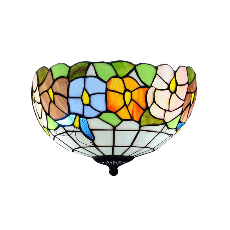 Tiffany Stained Glass Flush Mount Lighting with Flower and Butterfly Pattern in White - Bowl Shade Flush Mount