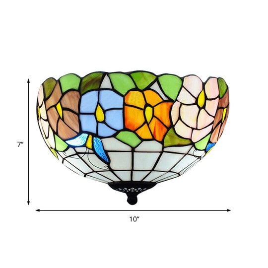 Tiffany Stained Glass Flush Mount Lighting With Flower And Butterfly Pattern In White - Bowl Shade