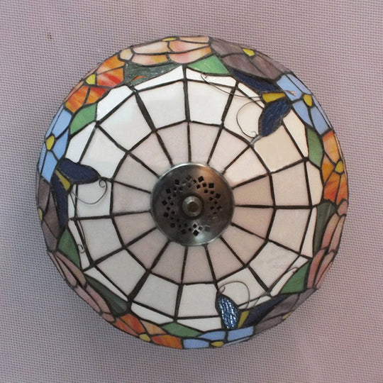 Tiffany Stained Glass Flush Mount Lighting with Flower and Butterfly Pattern in White - Bowl Shade Flush Mount