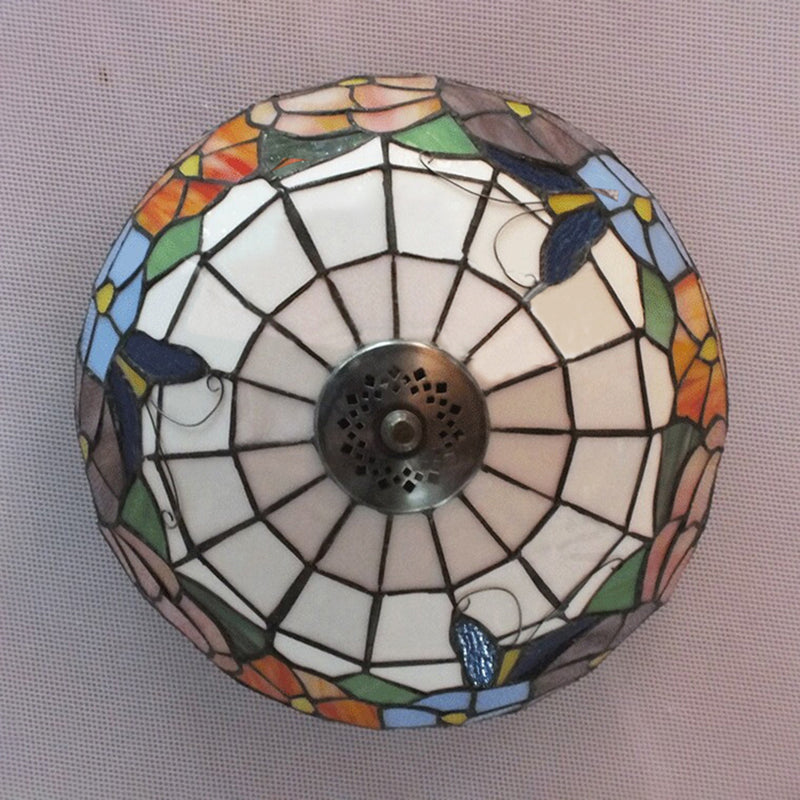 Tiffany Stained Glass Flush Mount Lighting With Flower And Butterfly Pattern In White - Bowl Shade