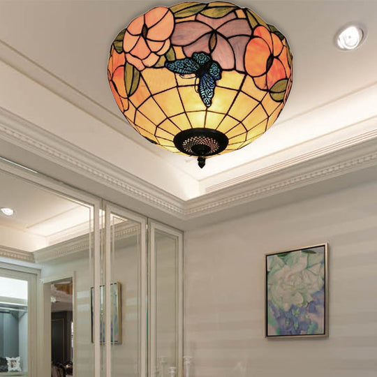 Tiffany Stained Glass Flush Mount Lighting with Flower and Butterfly Pattern in White - Bowl Shade Flush Mount