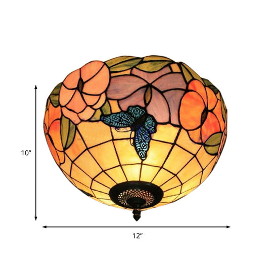 Tiffany Stained Glass Flush Mount Lighting with Flower and Butterfly Pattern in White - Bowl Shade Flush Mount