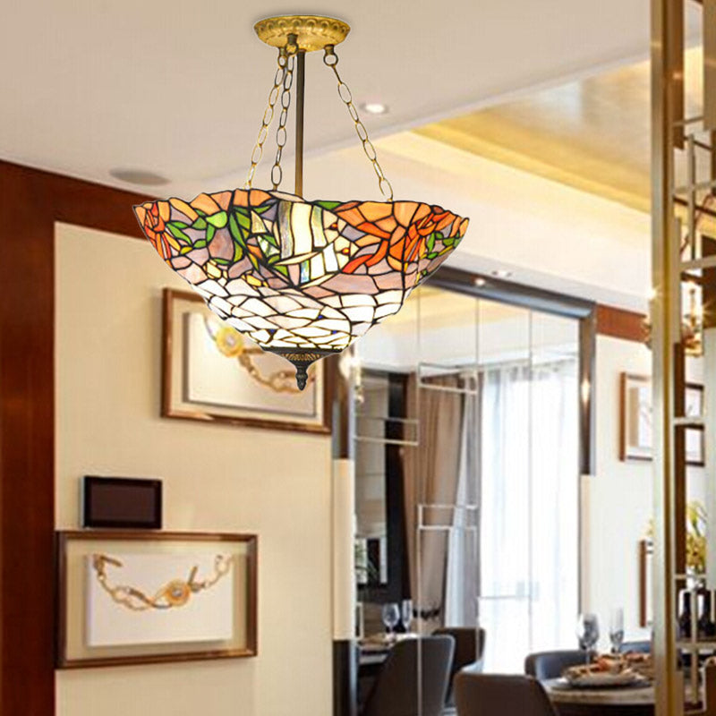 Lustre rustique de style Tiffany avec suspension en vitrail – Blanc et orange | Idéal pour les restaurants