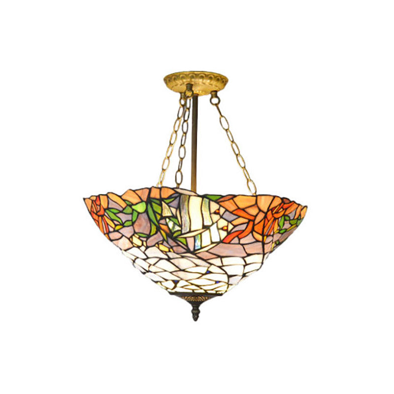 Lustre rustique de style Tiffany avec suspension en vitrail – Blanc et orange | Idéal pour les restaurants
