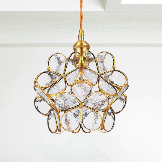 Gold Flower Dining Table Pendant Light With Metal & Glass - Elegant Single Hanging Lamp Clear