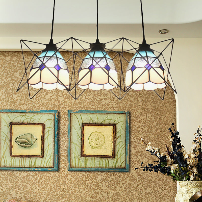 Tiffany Kitchen Pendant Light: Wire Frame Glass Bowl With 3 Heads