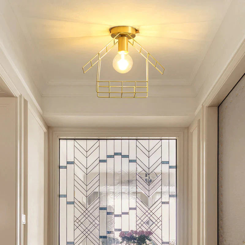 American All-Copper Balcony Ceiling Lamp – Surface-Mounted Fixture with Glass Shade