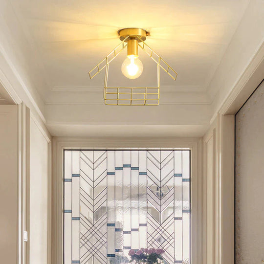 American All-Copper Balcony Ceiling Lamp – Surface-Mounted Fixture with Glass Shade