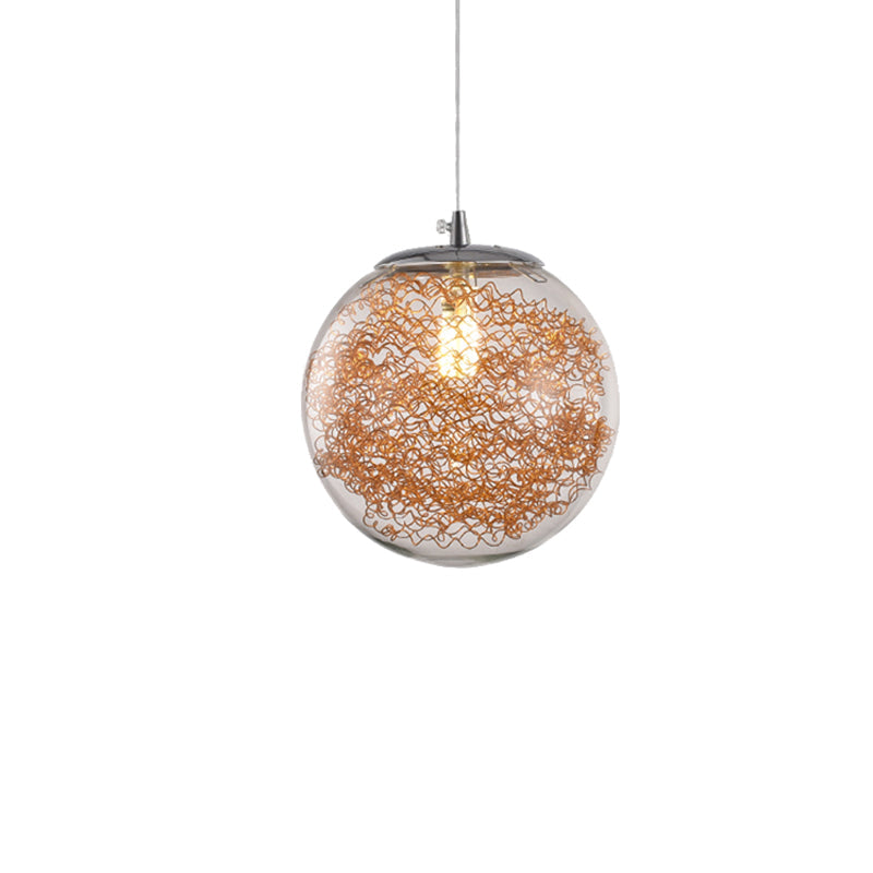 Modern Hanging Light: Clear Glass Sphere Pendant With Wire Deco - 1 Light