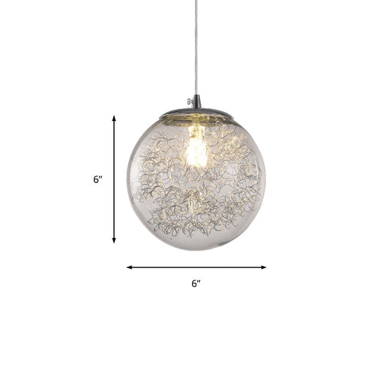 Modern Spherical Glass Pendant Light with Wire Deco - Clear, 1-Light Hanging Fixture